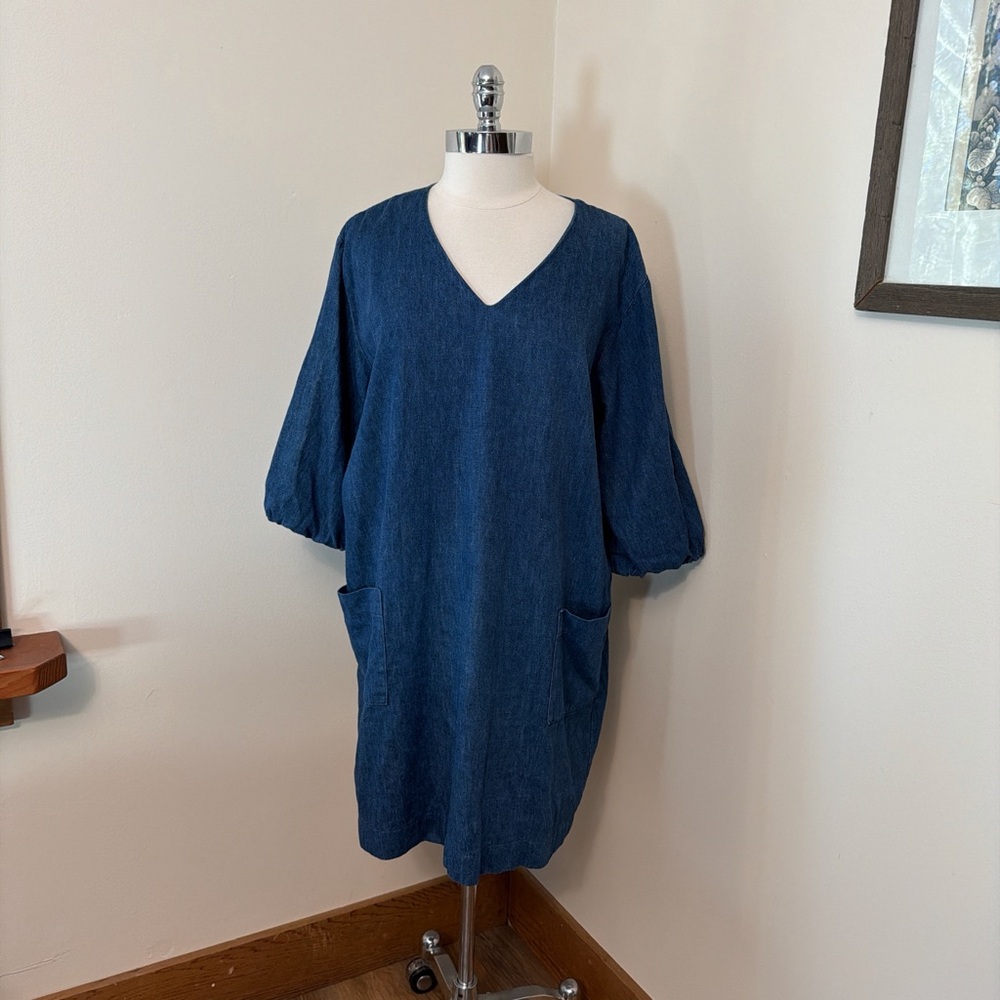 Jennifer Glasgow Canada Blue Denim-Look Hemp Blend Popover Dress Size L